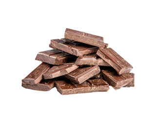 Delicious dark chocolate pieces stacked isolated on black background, Isolated On White Background, Png Transparent