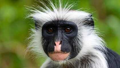Obraz premium Close-up portrait of a striking black and white Colobus monkey stares directly ahead.