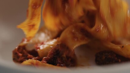 Slow motion put tagliatelle pasta with red pesto sauce and sun dried tomatoes into white bowl closeup - Powered by Adobe