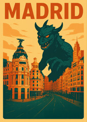 Vintage Style Travel Poster Of Madrid Featuring A Giant Mythological Dragon Monster Overlooking Gran Via. Kaiju Art, Retro Illustration, Spanish Cityscape, Pop Culture
