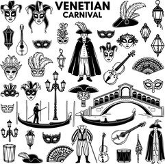 Venetian Carnival Festival Elements Collection: Traditional Masks, Costumes, Gondolas, Instruments, and Famous Landmarks