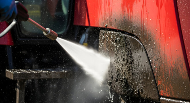 High Pressure Washing of Red Agricultural Equipment in a Rural Setting Focusing on Machinery Maintenance and Cleanliness for Optimal Farming Performance