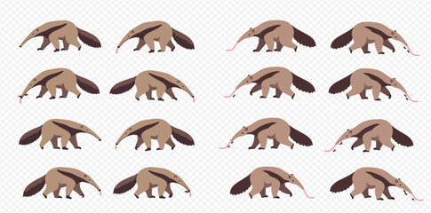A grid of cartoon anteaters, some extending their long tongues, against a transparent background.