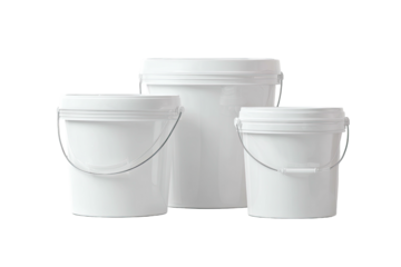 Three white plastic buckets of varying sizes