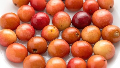 Rainier cherry stones rinsed and aligned on bone white porcelain minimalism refined botanical remnant study for editorial design education and branding