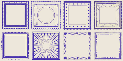 Collection of eight unique hand drawn blue decorative square and circular frames on a beige background