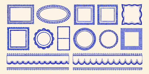 Collection of hand drawn blue decorative frames and borders in various shapes and styles