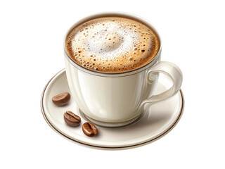 Creamy cappuccino coffee in elegant cup saucer beans, Isolated On White Background, Png Transparent