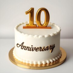 Elegant White Cake with Gold '10' and 'Anniversary' Toppers