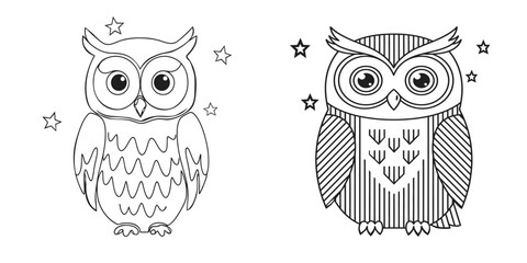 Vector Illustration Set of Two Cute Owl. Suitable for Coloring Pages Black and White Vector Art.