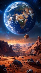 Alien landscape with a giant Earth