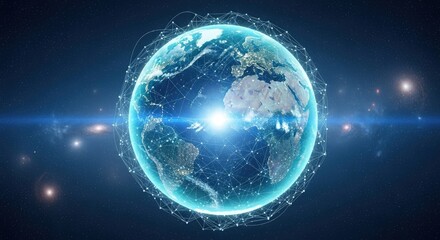 Fototapeta premium A mesmerizing view of earth from space, illuminated by a radiant lens flare, showcasing interconnected networks and celestial wonders in the cosmos