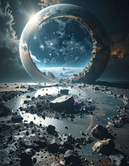 Alien planet landscape with a celestial ring