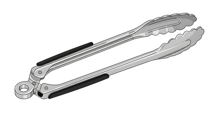 Stainless Steel Kitchen Tongs with Black Rubber Grips Vector Illustration on White Background.