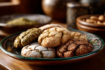 Galletas artesanales variadas de pistacho, coco y cacao servidas en plato decorativo de cerámica sobre mesa de madera