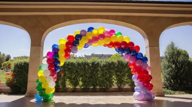 Colorful balloon archway frames a scenic view under a stone structure outdoors