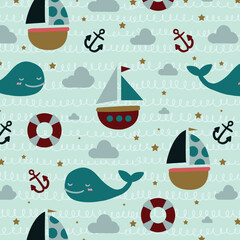 ship and whale sea vector seamless pattern for kids apparel fullprint fabric. This design is suitable for children's clothing textile industry
