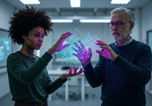 Two scientists, one with augmented skin, examine a glowing digital structure in a lab.