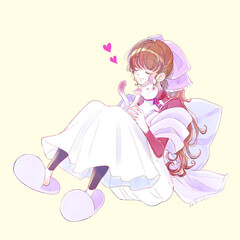 猫をなでる女性　可愛がる　メルヘン　秋　冬