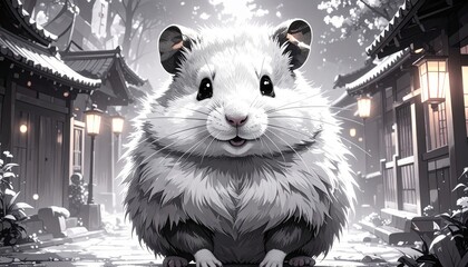 A fluffy, white hamster with big, dark eyes poses in a charming, grayscale street scene.