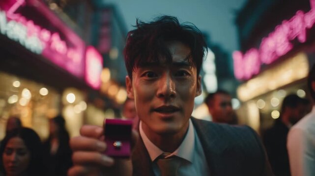 A man in a suit on a neon-lit street puckers his lips at the camera while holding a small pink jewelry box.