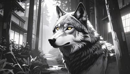 A majestic wolf gazes contemplatively in a monochrome landscape, artfully rendered