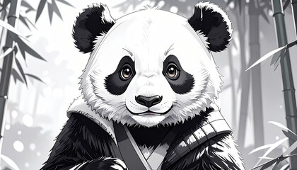 A monochrome, digitally rendered panda character stands peacefully among bamboo stalks.