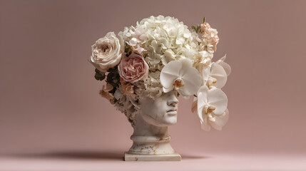 Classical marble bust vase with orchids and roses