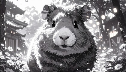 A monochrome image of a guinea pig gazing out over a flower garden, serene and calm.