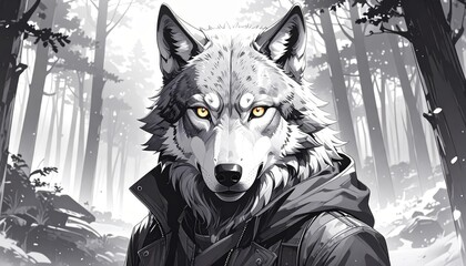 A striking grayscale illustration depicts a wolf-human hybrid in a forest setting,