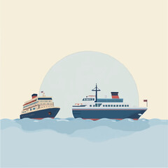 Obraz premium Cartoon cruise ships sailing on the ocean at sunset