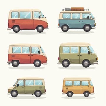 Set of six vintage travel vans in a colorful cartoon style. Isolated vector graphic elements for adventure and holiday themes