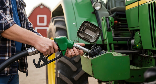 Man Refueling Green Tractor with Fuel Hose at Farm in Rural Landscape on Sunny Day