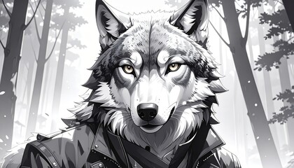 A stylish wolf in a leather jacket stands in a misty forest, rendered in grayscale.