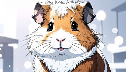 Adorable guinea pig portrait with expressive eyes and charming whiskers in soft lighting.