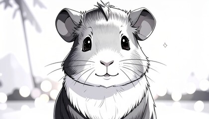 An adorable stylized monochrome guinea pig portrait radiates innocence with bright eyes.