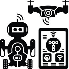 Robotics Control with Drone, Robot, and Tablet Interface Glyph Vector. This illustrates remote monitoring, multi-robot system management, and connectivity in logistics or security applications.