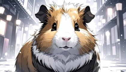 Charming Guinea Pig with Whimsical Eyes Stares in an Urban Winter Scene, Adorable.