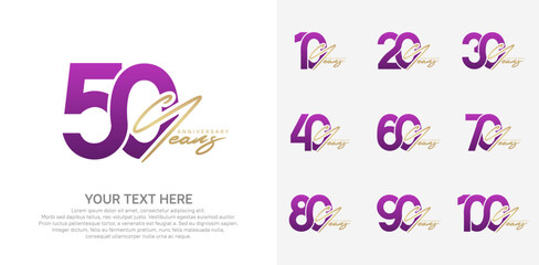 Anniversary logo set vector design, purple and gold color for celebration event