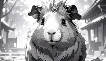 Close-up grayscale image showcases a fluffy guinea pig with a serene Japanese garden.