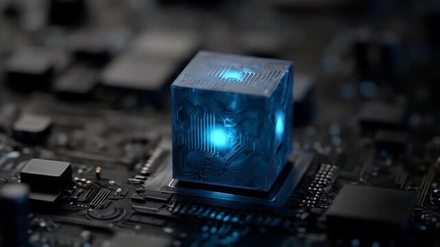 Glowing blue cube with circuit patterns sits atop a dark, complex electronic board