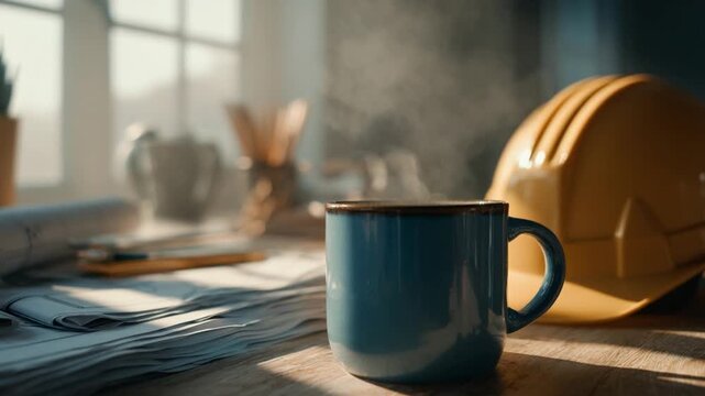 Coffee Break: A steaming mug of coffee sits amidst blueprints and construction tools, bathed in the warm glow of morning sunlight, depicting a moment of respite and creative thought.