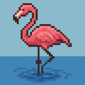 Pixel art illustration of a flamingo standing in water