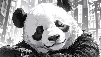 Close-up of a contented panda peacefully resting within an urban black and white scene.