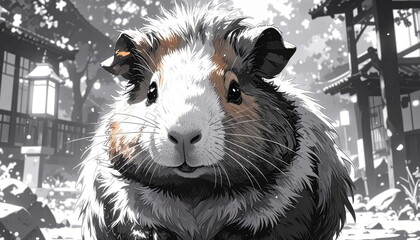 Close-up of a cute guinea pig with white and brown fur in a stylized monochrome scene