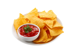 Delicious tortilla chips with spicy salsa dip, Isolated On White Background, Png Transparent