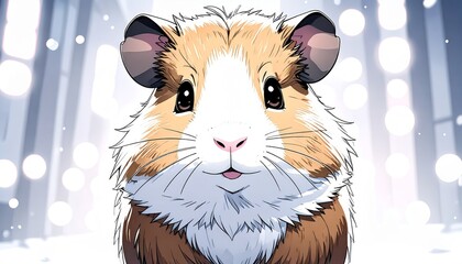 Close-up of a cute guinea pig's face with brown, white, and tan fur in anime style.