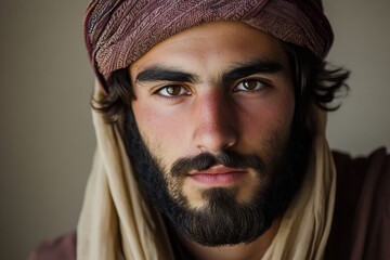 Portrait of a young afghan man with a beard wearing a traditional turban