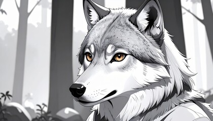 Detailed monochrome illustration featuring a majestic wolf in a forest environment,