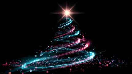 Glowing neon spiral Christmas tree with sparkling lights
